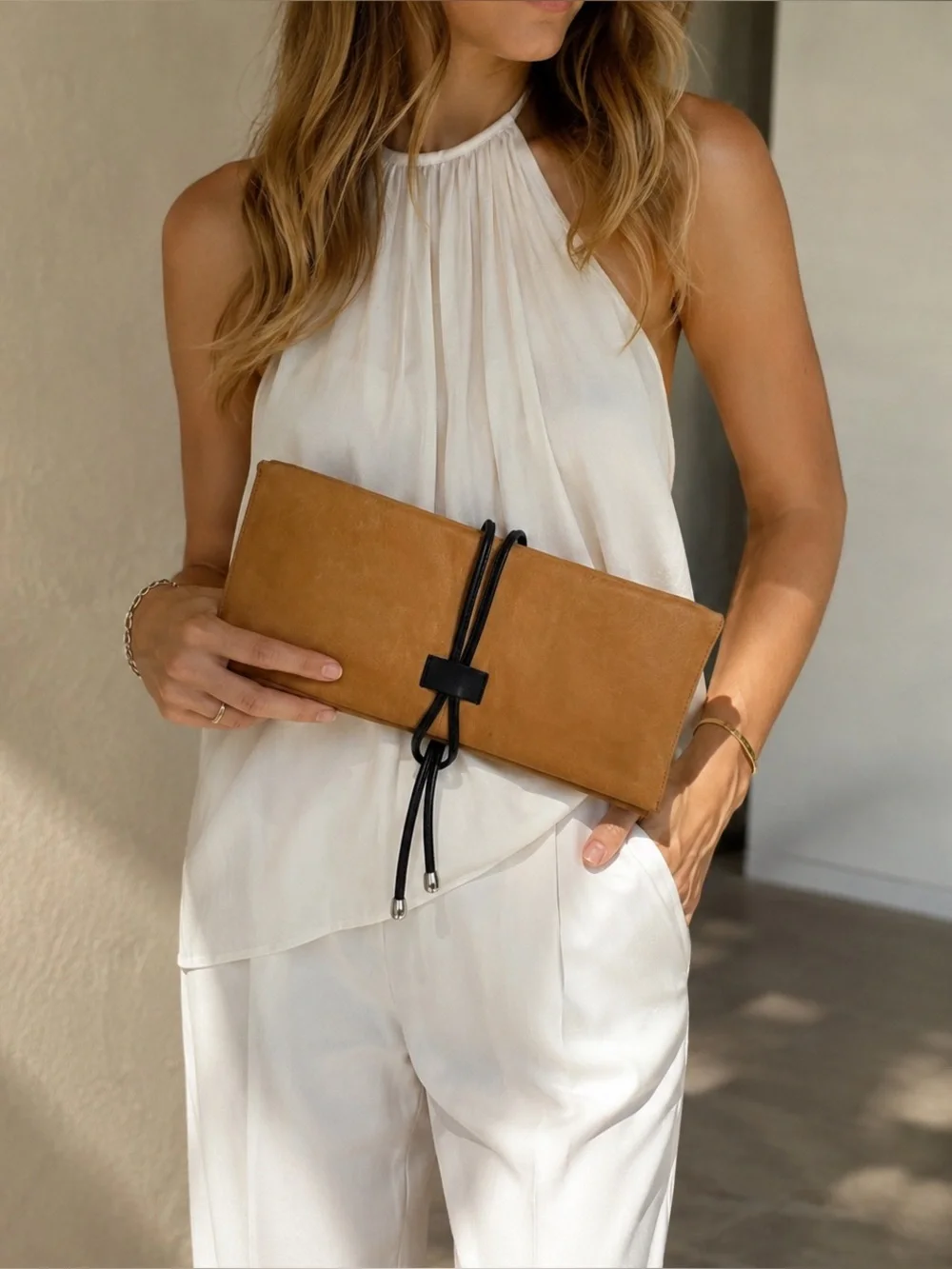 Toni Henkel Design Genuine Leather Foldover Clutch Camel Tan Minimalist Designer